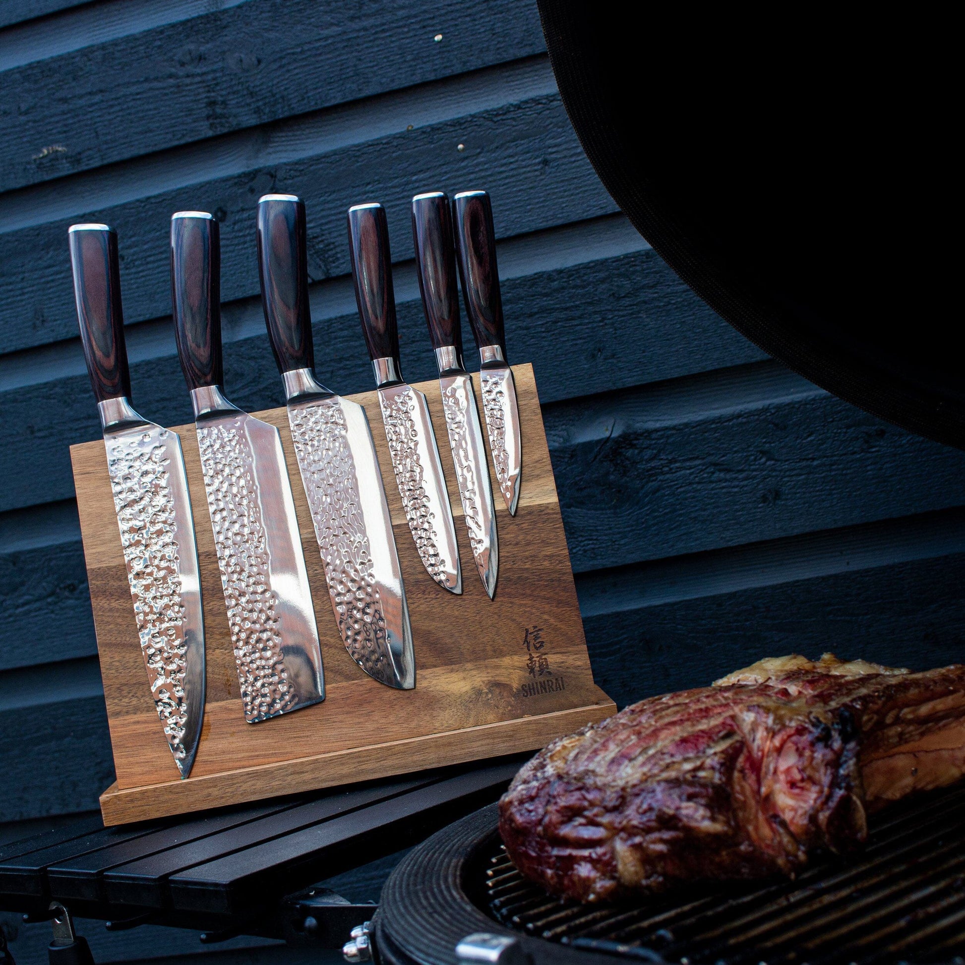 Hammered RVS 6-delige Messenset + Acacia houder dubbelzijdig Messenset met blok Shinrai Knives 