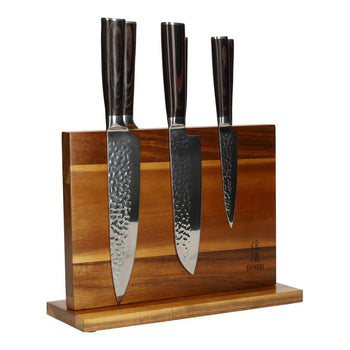 Juego de cuchillos Shinrai de acero inoxidable martillado de 6 piezas + soporte de madera de acacia de doble cara con bloque