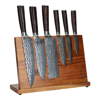 Juego de cuchillos Shinrai de acero inoxidable martillado de 6 piezas + soporte de madera de acacia de un solo lado
