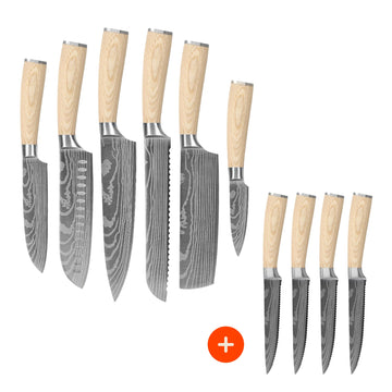 Cuchillos Shinrai - Juego de 10 piezas con estampado de Damasco Akari - Colección Master XL