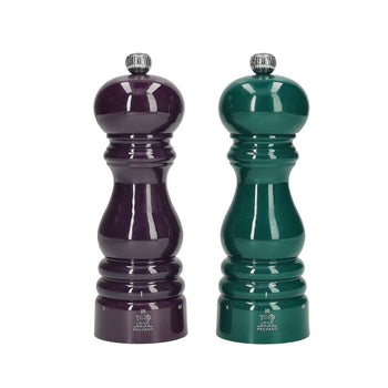 Peugeot - Juego de molinillos de pimienta y sal París 18 cm Berenjena y verde bosque Juego de molinillos de pimienta y sal Peugeot
