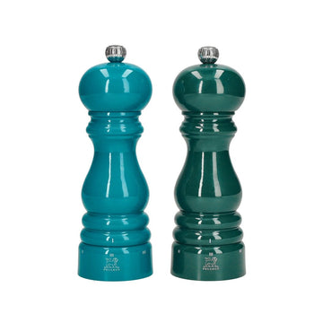 Peugeot - Juego de molinillos de pimienta y sal París 18 cm Azul Pacífico y Verde Bosque Juego de molinillos de pimienta y sal Peugeot