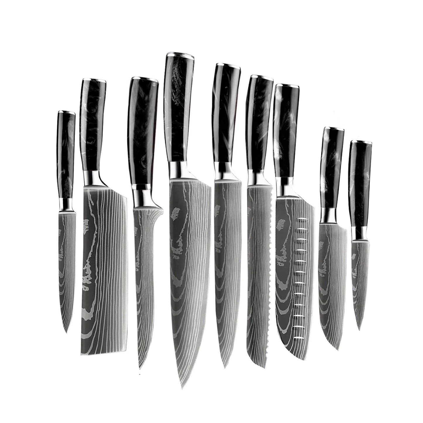 Shinrai Japón - Juego de 9 cuchillos de ónix epoxi con estampado de Damasco + bloque magnético para cuchillos Scalae - Juego de cuchillos de madera de acacia con bloque Shinrai Japón