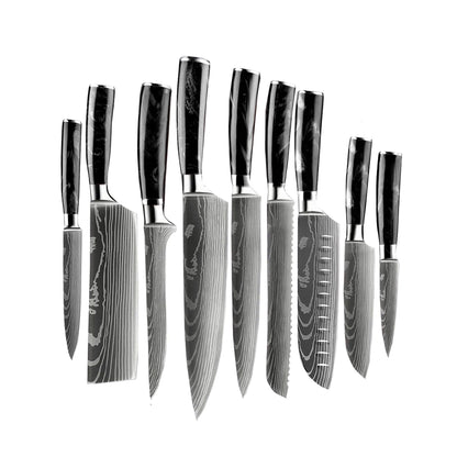 Shinrai Japón - Juego de 9 cuchillos de ónix epoxi con estampado de Damasco + bloque magnético para cuchillos Scalae - Juego de cuchillos de madera de acacia con bloque Shinrai Japón