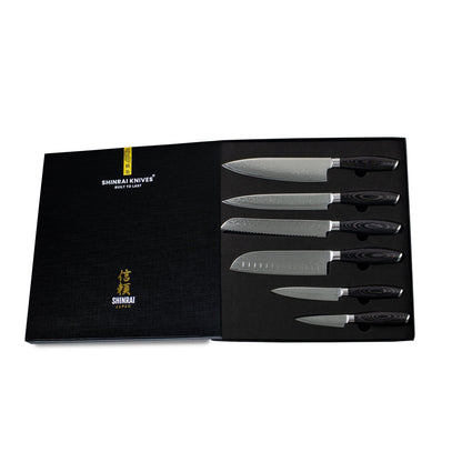 Shinrai Japan - Juego de cuchillos de madera de Damasco Pakka de 6 piezas + bloque de cuchillos magnético Scalae - Madera de acacia Shinrai Japan