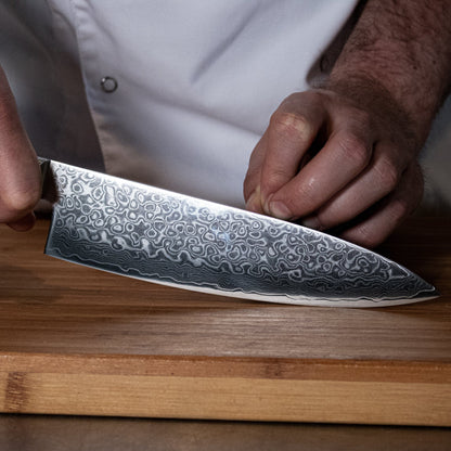 Shinrai Japan - Juego de cuchillos de madera de Damasco Pakka de 6 piezas + bloque de cuchillos magnético Scalae - Madera de acacia Shinrai Japan