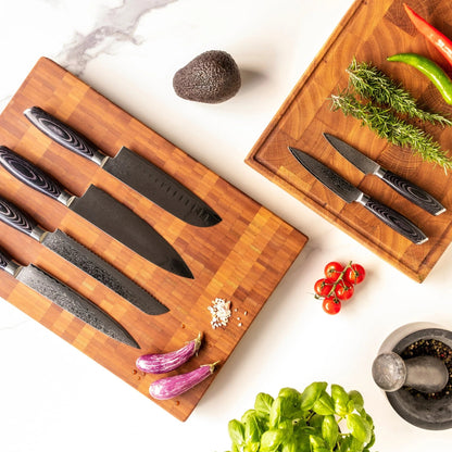 Shinrai Japan - Juego de cuchillos de madera de Damasco Pakka de 6 piezas + bloque de cuchillos magnético Scalae - Madera de acacia Shinrai Japan