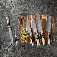 Shinrai Japón - Juego de 6 cuchillos de Damasco de ónix epoxi + bloque magnético de doble cara - Juego de cuchillos negro con bloque Shinrai Japón