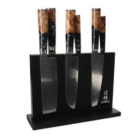 Shinrai Japón - Juego de 6 cuchillos de Damasco de ónix epoxi + bloque magnético de doble cara - Juego de cuchillos negro con bloque Shinrai Japón