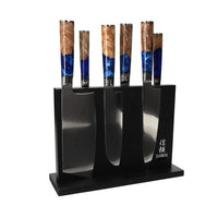 Shinrai Japón - Juego de 6 cuchillos de Damasco de zafiro epoxi + bloque magnético de doble cara - Juego de cuchillos negro con bloque Shinrai Japón