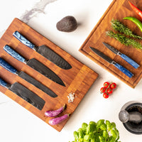 Shinrai Japón - Juego de cuchillos de 6 piezas con estampado de damasco y zafiro epoxi + bloque magnético de doble cara - Juego de cuchillos negro con bloque Shinrai Japón