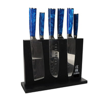 Shinrai Japón - Juego de cuchillos de 6 piezas con estampado de damasco y zafiro epoxi + bloque magnético de doble cara - Juego de cuchillos negro con bloque Shinrai Japón