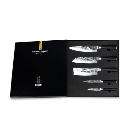 Shinrai Japón - Juego de cuchillos de 5 piezas de damasco martillado BR + bloque magnético para cuchillos Scalae - Madera de acacia Shinrai Japón