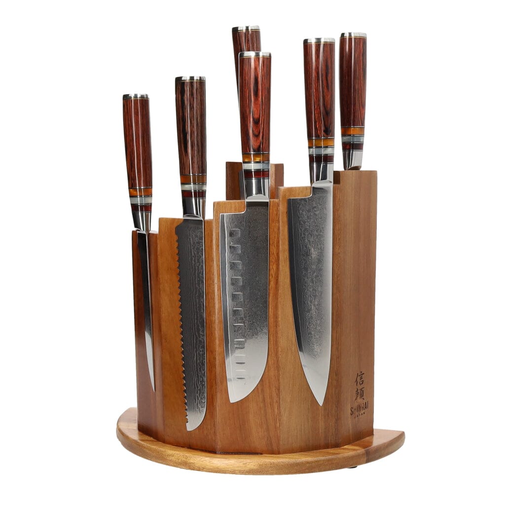 Shinrai Japón - Juego de 7 cuchillos de Damasco Micarta Jewels + Bloque magnético para cuchillos Scalae - Juego de cuchillos de madera de acacia con bloque Shinrai Japón