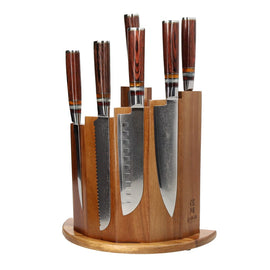 Shinrai Japón - Juego de 7 cuchillos de Damasco Micarta Jewels + Bloque magnético para cuchillos Scalae - Juego de cuchillos de madera de acacia con bloque Shinrai Japón