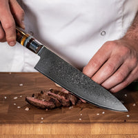 Shinrai Japón - Juego de 7 cuchillos de Damasco Micarta Jewels + Bloque magnético para cuchillos Scalae - Madera de acacia Shinrai Japón