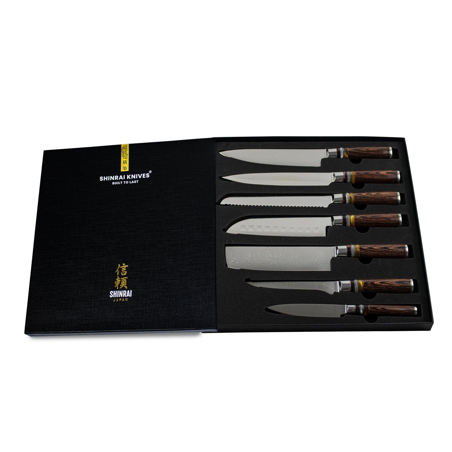 Shinrai Japón - Juego de 7 cuchillos de Damasco Micarta Jewels + Bloque magnético para cuchillos Scalae - Madera de acacia Shinrai Japón