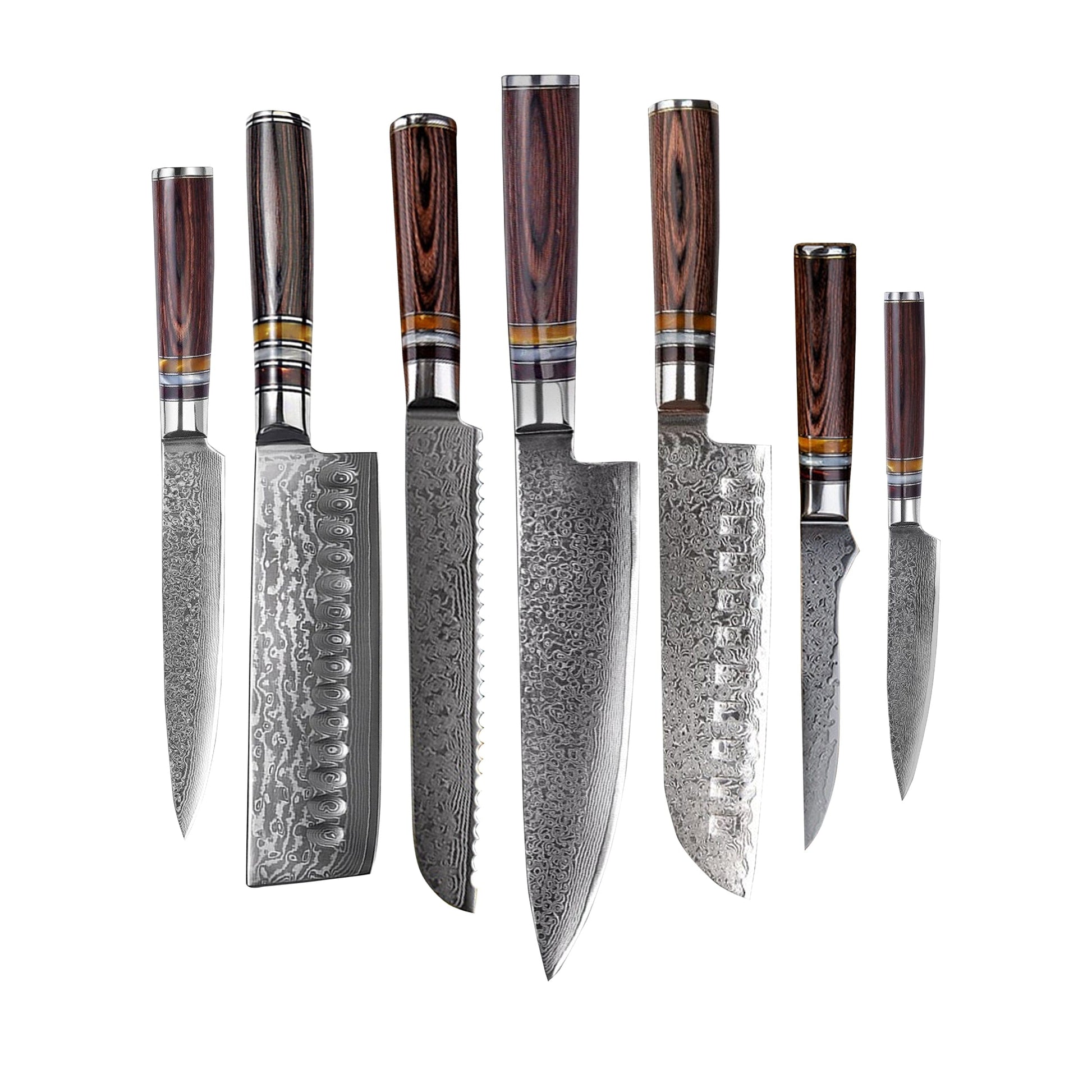 Shinrai Japón - Juego de 7 cuchillos de Damasco Micarta Jewels + Bloque magnético para cuchillos Scalae - Madera de acacia Shinrai Japón