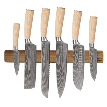 Cuchillos Shinrai - Juego de 6 cuchillos con estampado de Damasco Akari + Tira magnética para colgar cuchillos en la pared - Juego de cuchillos de madera de acacia con bloque. Cuchillos Shinrai