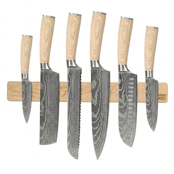 Cuchillos Shinrai - Juego de 6 cuchillos con estampado de Damasco Akari + Tira magnética para pared - Juego de cuchillos de madera de arce con bloque. Cuchillos Shinrai