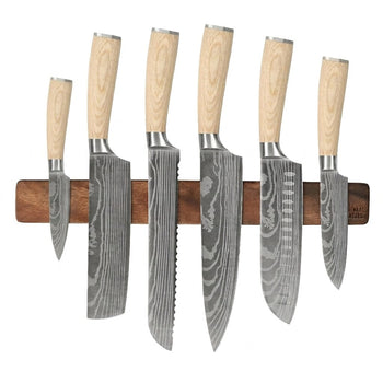 Cuchillos Shinrai - Juego de 6 cuchillos con estampado de Damasco Akari + Tira magnética para colgar cuchillos en la pared - Juego de cuchillos de madera de nogal con bloque.