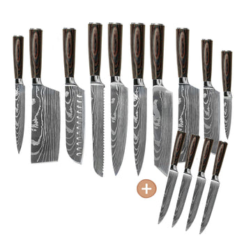 Cuchillos Shinrai - Juego de 14 cuchillos con estampado de Damasco - Colección Master XXL Juego de cuchillos Shinrai