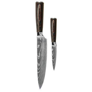 Juego de cuchillos Shinrai - Diseño Damasco - 2 piezas - Cuchillo de chef + Cuchillo pelador.