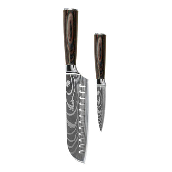 Cuchillos Shinrai - Juego de cuchillos de 2 piezas con estampado de Damasco - Santoku + Cuchillo pelador Juego de cuchillos Shinrai