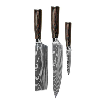 Juego de cuchillos Shinrai Knives - Juego de 3 cuchillos con estampado de Damasco - Cuchillo de chef + cuchillo nakiri + cuchillo para pelar.