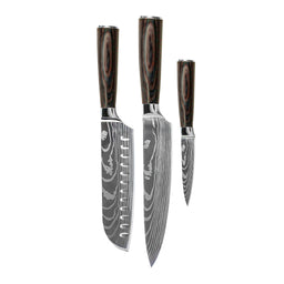 Juego de cuchillos Shinrai - Diseño Damasco - 3 piezas - Cuchillo de chef + Santoku + Cuchillo pelador.