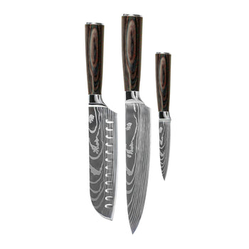 Juego de cuchillos Shinrai - Diseño Damasco - 3 piezas - Cuchillo de chef + Santoku + Cuchillo pelador.