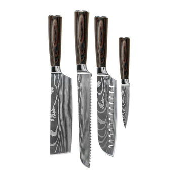 Juego de cuchillos Shinrai - Diseño Damasco - Santoku + Cuchillo para pan + Nakiri + Cuchillo para pelar.