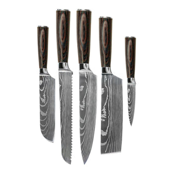 Juego de cuchillos Shinrai Knives - 5 piezas con estampado de Damasco - Cuchillo de chef + cuchillo de pan + nakiri + santoku pequeño + cuchillo pelador.