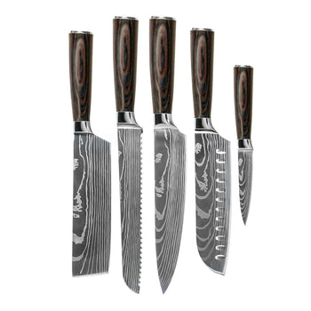 Shinrai Knives - Juego de cuchillos de 5 piezas con estampado de Damasco - Cuchillo de chef + Cuchillo para pan + Nakiri + Santoku + Cuchillo para pelar Shinrai Knives Knife Set