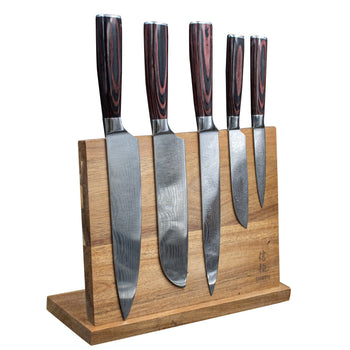 Cuchillos Shinrai - Juego de 5 cuchillos con estampado de Damasco + Bloque magnético para cuchillos Juego de cuchillos de doble filo con bloque Cuchillos Shinrai
