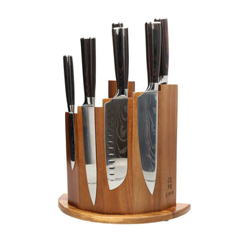 Cuchillos Shinrai - Juego de 7 cuchillos con estampado de Damasco + Bloque magnético para cuchillos Scalae - Juego de cuchillos de madera de acacia con bloque Shinrai Knives
