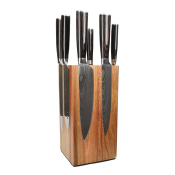 Cuchillos Shinrai - Juego de 7 cuchillos con estampado de Damasco + Bloque para cuchillos Juego de cuchillos giratorios con bloque Cuchillos Shinrai