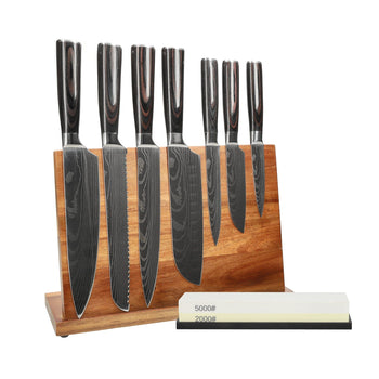 Cuchillos Shinrai - Juego de 7 cuchillos con estampado de Damasco + Bloque para cuchillos + Piedra de afilar Juego de cuchillos con bloque y piedra de afilar Cuchillos Shinrai