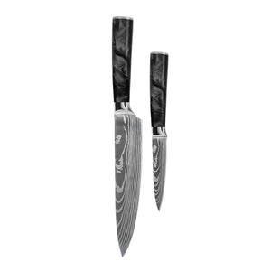 Juego de cuchillos Shinrai - Epoxy Onyx de 2 piezas con estampado de Damasco - Cuchillo de chef + cuchillo para pelar.