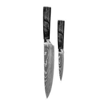Juego de cuchillos Shinrai - Epoxy Onyx de 2 piezas con estampado de Damasco - Cuchillo de chef + cuchillo para pelar.