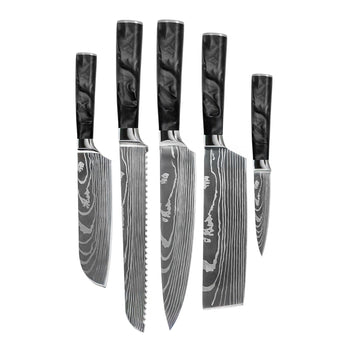 Couteaux Shinrai - Coffret de 5 couteaux en époxy onyx à motif damassé - Couteau de chef + Couteau à pain + Nakiri + Petit Santoku + Couteau d'office