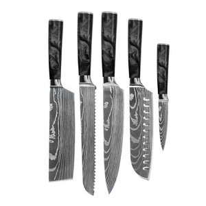 Couteaux Shinrai - Coffret de 5 couteaux en époxy onyx à motif damassé - Couteau de chef + Couteau à pain + Nakiri + Santoku + Couteau d'office
