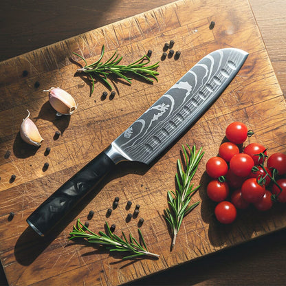 Shinrai Knives - Damascus Print Epoxy Onyx 5-delige Messenset - Koksmes + Broodmes + Nakiri + Santoku + Schilmes Messenset Shinrai Knives 