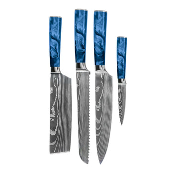 Couteaux Shinrai - Coffret de 4 couteaux en résine époxy saphir à motif damassé - Couteau de chef + Couteau à pain + Nakiri + Couteau d'office