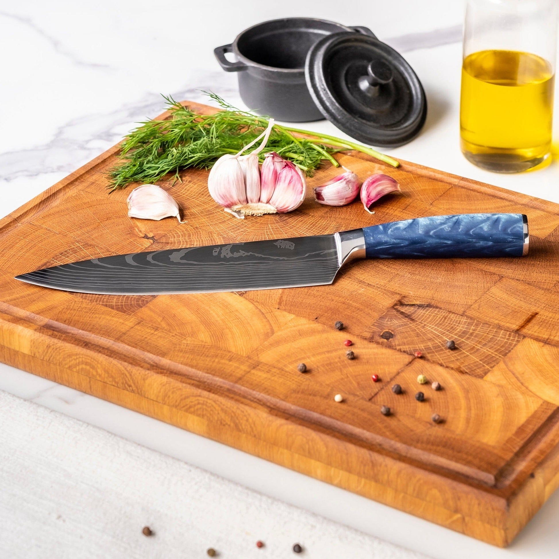 Shinrai Knives - Damascus Print Epoxy Sapphire - 6-delige Messenset Messenset Shinrai Knives 