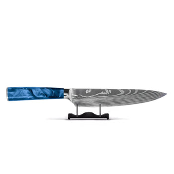Cuchillos Shinrai - Cuchillo de chef de 20 cm con estampado de Damasco y resina epoxi de zafiro.