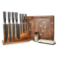 Cuchillos Shinrai - Mega Pack con Estampado de Damasco - Juego completo de cuchillos con bloque, tabla de cortar y piedra de afilar. 