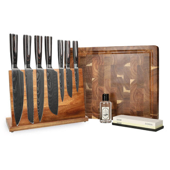 Cuchillos Shinrai - Mega Pack con Estampado de Damasco - Juego completo de cuchillos con bloque, tabla de cortar y piedra de afilar. 