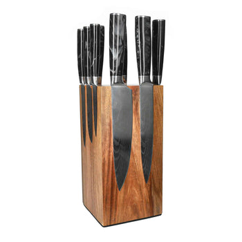 Cuchillos Shinrai - Juego de cuchillos de 9 piezas con estampado de Damasco y ónix + Bloque para cuchillos Juego de cuchillos giratorios con bloque Cuchillos Shinrai
