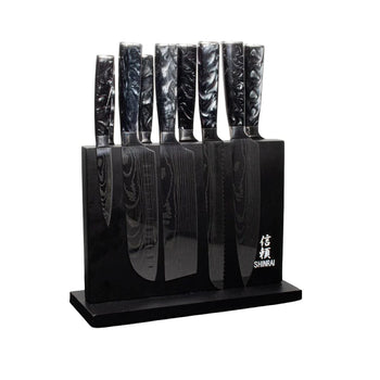 Cuchillos Shinrai - Juego de 9 cuchillos de ónix epoxi con estampado de Damasco + Bloque magnético de doble cara para cuchillos - Juego de cuchillos negros con bloque Shinrai